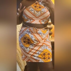SHEIN Yellow Floral Print Tie-Waist Skirt Set